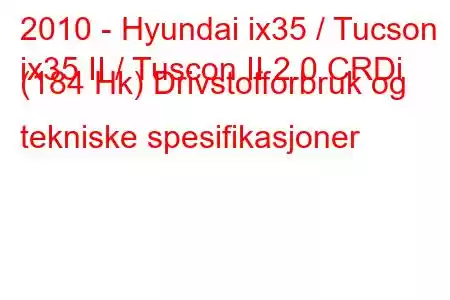 2010 - Hyundai ix35 / Tucson
ix35 II / Tuscon II 2.0 CRDi (184 Hk) Drivstofforbruk og tekniske spesifikasjoner