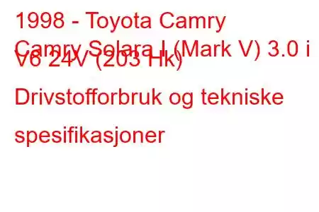 1998 - Toyota Camry
Camry Solara I (Mark V) 3.0 i V6 24V (203 Hk) Drivstofforbruk og tekniske spesifikasjoner