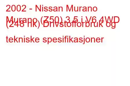 2002 - Nissan Murano
Murano (Z50) 3.5 i V6 4WD (248 hk) Drivstofforbruk og tekniske spesifikasjoner