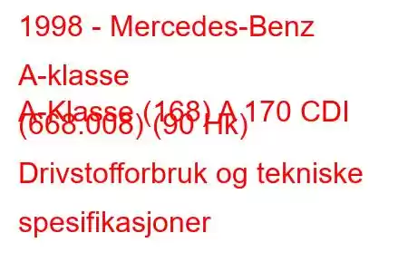 1998 - Mercedes-Benz A-klasse
A-Klasse (168) A 170 CDI (668.008) (90 Hk) Drivstofforbruk og tekniske spesifikasjoner