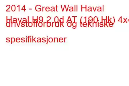 2014 - Great Wall Haval
Haval H9 2.0d AT (190 Hk) 4x4 drivstofforbruk og tekniske spesifikasjoner