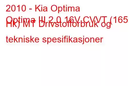 2010 - Kia Optima
Optima III 2.0 16V CVVT (165 Hk) MT Drivstofforbruk og tekniske spesifikasjoner