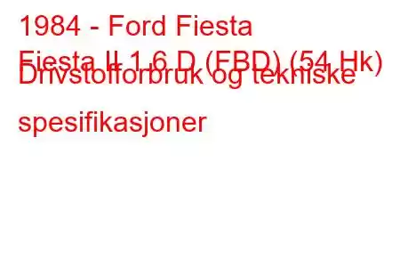 1984 - Ford Fiesta
Fiesta II 1.6 D (FBD) (54 Hk) Drivstofforbruk og tekniske spesifikasjoner