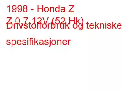 1998 - Honda Z
Z 0,7 12V (52 Hk) Drivstofforbruk og tekniske spesifikasjoner