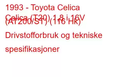 1993 - Toyota Celica
Celica (T20) 1,8 i 16V (AT200/ST) (116 Hk) Drivstofforbruk og tekniske spesifikasjoner