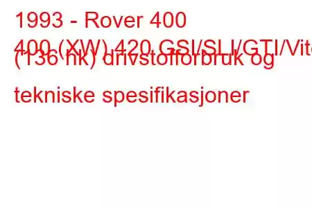 1993 - Rover 400
400 (XW) 420 GSI/SLI/GTI/Vite (136 hk) drivstofforbruk og tekniske spesifikasjoner