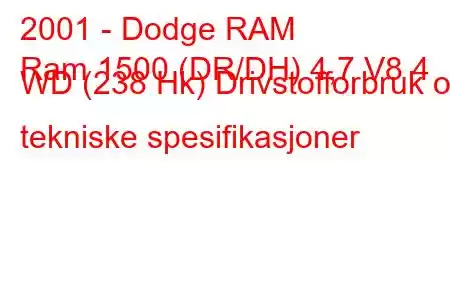 2001 - Dodge RAM
Ram 1500 (DR/DH) 4,7 V8 4 WD (238 Hk) Drivstofforbruk og tekniske spesifikasjoner