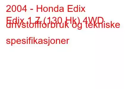 2004 - Honda Edix
Edix 1.7 (130 Hk) 4WD drivstoffforbruk og tekniske spesifikasjoner