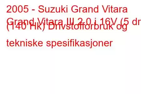 2005 - Suzuki Grand Vitara
Grand Vitara III 2.0 i 16V (5 dr) (140 Hk) Drivstofforbruk og tekniske spesifikasjoner