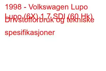 1998 - Volkswagen Lupo
Lupo (6X) 1,7 SDI (60 Hk) Drivstofforbruk og tekniske spesifikasjoner