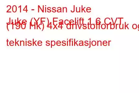 2014 - Nissan Juke
Juke (YF) Facelift 1.6 CVT (190 Hk) 4x4 drivstofforbruk og tekniske spesifikasjoner