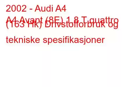 2002 - Audi A4
A4 Avant (8E) 1,8 T quattro (163 Hk) Drivstofforbruk og tekniske spesifikasjoner