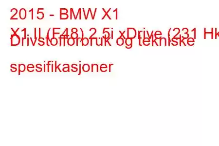 2015 - BMW X1
X1 II (F48) 2.5i xDrive (231 Hk) Drivstofforbruk og tekniske spesifikasjoner