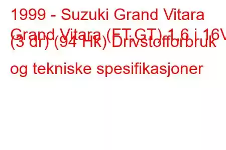 1999 - Suzuki Grand Vitara
Grand Vitara (FT,GT) 1,6 i 16V (3 dr) (94 Hk) Drivstofforbruk og tekniske spesifikasjoner