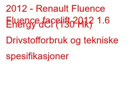 2012 - Renault Fluence
Fluence facelift 2012 1.6 Energy dCi (130 Hk) Drivstofforbruk og tekniske spesifikasjoner