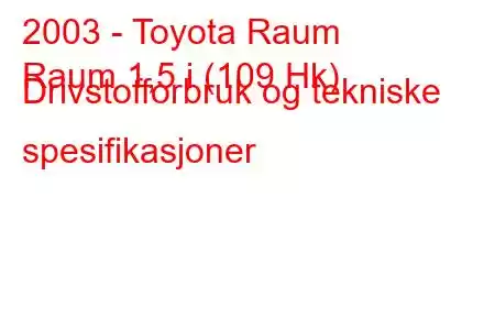 2003 - Toyota Raum
Raum 1,5 i (109 Hk) Drivstofforbruk og tekniske spesifikasjoner