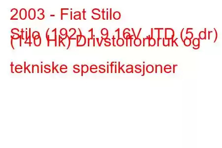 2003 - Fiat Stilo
Stilo (192) 1,9 16V JTD (5 dr) (140 Hk) Drivstofforbruk og tekniske spesifikasjoner