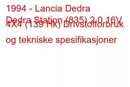 1994 - Lancia Dedra
Dedra Station (835) 2.0 16V 4X4 (139 Hk) Drivstofforbruk og tekniske spesifikasjoner