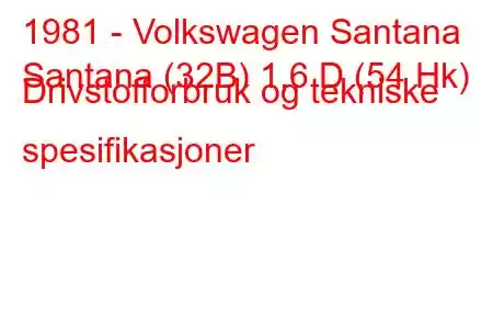 1981 - Volkswagen Santana
Santana (32B) 1,6 D (54 Hk) Drivstofforbruk og tekniske spesifikasjoner