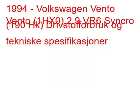 1994 - Volkswagen Vento
Vento (1HX0) 2.9 VR6 Syncro (190 Hk) Drivstofforbruk og tekniske spesifikasjoner