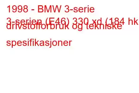 1998 - BMW 3-serie
3-serien (E46) 330 xd (184 hk) drivstofforbruk og tekniske spesifikasjoner