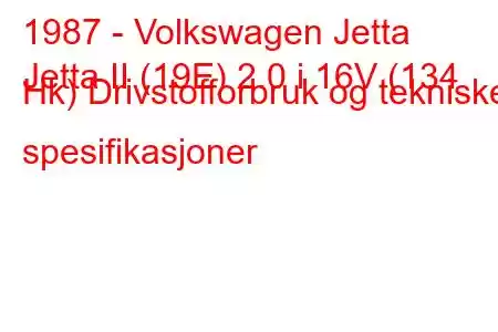 1987 - Volkswagen Jetta
Jetta II (19E) 2.0 i 16V (134 Hk) Drivstofforbruk og tekniske spesifikasjoner