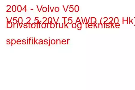 2004 - Volvo V50
V50 2,5 20V T5 AWD (220 Hk) Drivstofforbruk og tekniske spesifikasjoner