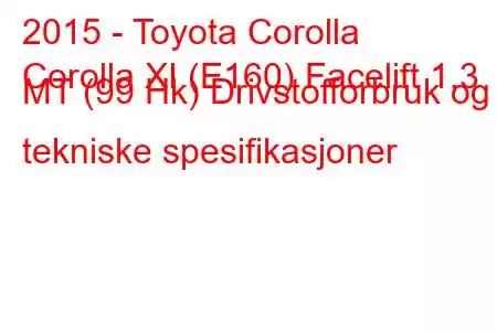 2015 - Toyota Corolla
Corolla XI (E160) Facelift 1,3 MT (99 Hk) Drivstofforbruk og tekniske spesifikasjoner